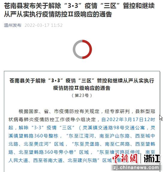 苍南县发布关于解除“3·3”疫情“三区”管控和继续从严从实执行疫情防控Ⅱ级响应的通告  截图