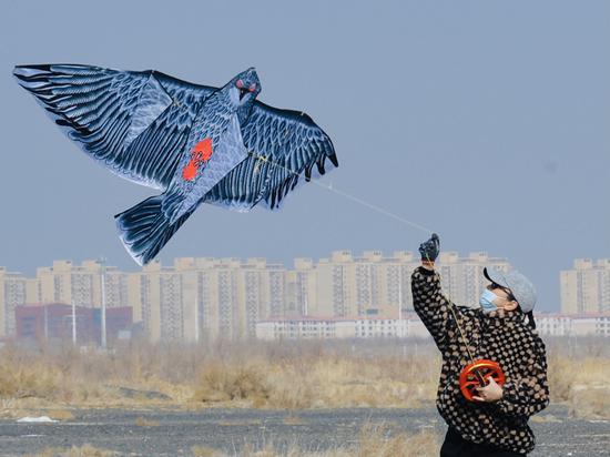 3月15日，克拉玛依市区西郊戈壁滩，一位市民准备放飞老鹰造型的风筝，迎接春天的到来。（摄影：崔文娟）