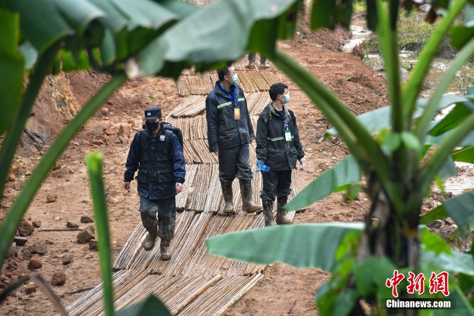 东航坠机事故现场 救援人员为泥泞道路铺设竹排