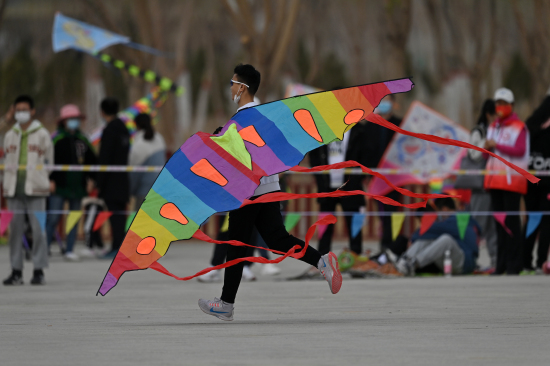 选手在新疆库尔勒市鸿雁河广场准备放风筝。
