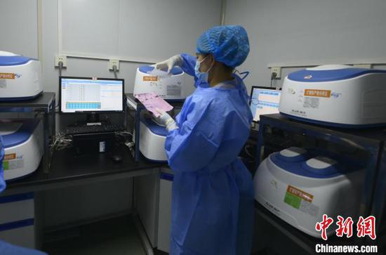 实验室检测员丁妤斐在核酸扩增区核对信息。　刘新 摄