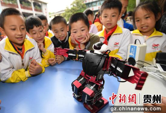 5月20日，贵阳市南明区甲秀小学的学生正“科普进校园”主题活动现场与智能机器人互动。