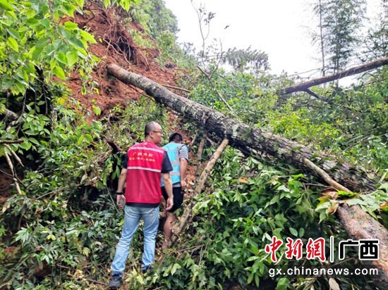 在塌方严重的桂林龙胜县和平乡的上孟村，移动党员突击队步行抢修。李飞 摄
