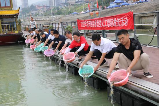 工作人员将鱼苗投放到乌江中  张洪全摄