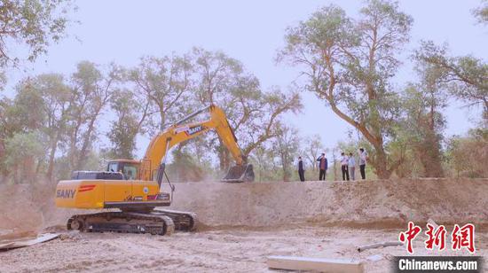 塔里木河轮台段数台大型挖掘机和铲车正在开挖引洪渠。　阿依古丽·阿不力肯 摄