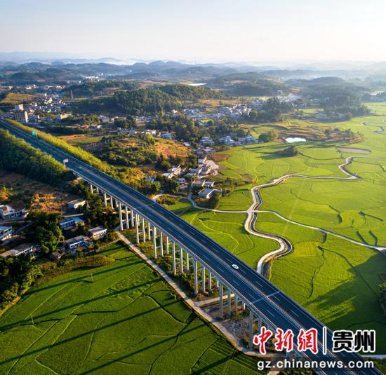 2022年8月21日，贵州省黔西市金碧镇优质水稻生产基地，水稻郁郁葱葱，与民居、高速交相辉映，美丽乡村活力强（无人机照片）。