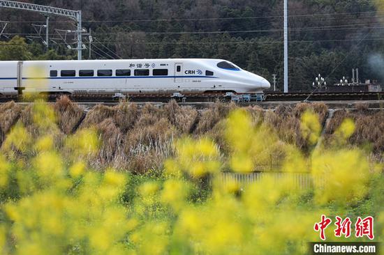 图为2022年2月7日，贵州从江，动车组列车在贵广高铁贵州省黔东南州从江县境内行驶。 中新社记者 瞿宏伦 摄
