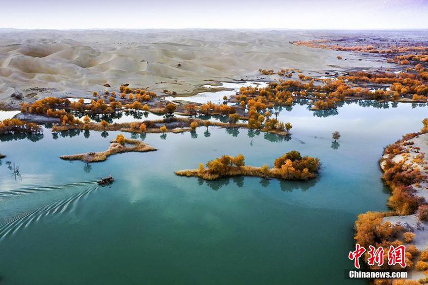 葫芦岛位于塔里木河南岸，是塔克拉玛干沙漠边缘自然形成的沙湖小岛，形似葫芦而得名。胡俊建 摄