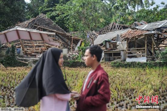 当地时间11月21日，印度尼西亚西爪哇省发生5.6级地震，西爪哇省省长表示，遇难者中大多是儿童。图为震中地区许多房屋、树木倒塌。据悉，在附近地区工作的民众接受采访时表示震感强烈，建筑物完全被夷为平地。另据美联社介绍，这一地区大约有175000居民，超过13000人的房屋在强震中遭到破坏，被迫离家避难。