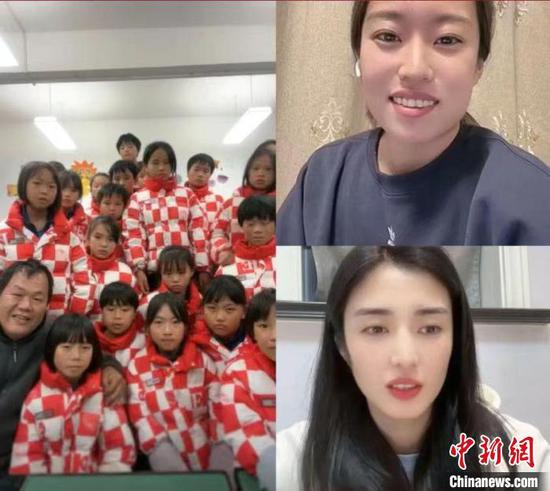 中国女足运动员唐佳丽、女足门将赵丽娜，在社交平台直播连线元宝女足。　手机截图 摄