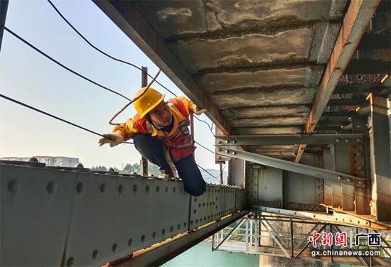 杨圣力在检修铁路桥梁。桂林工务段供图