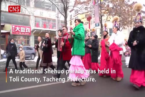Traditional Shehuo parade held in NW China's Xinjiang