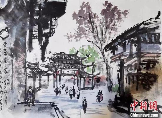 图为台湾知名画家李沃源在贵州西江千户苗寨创作的画。周燕玲 摄