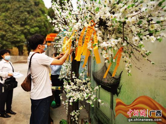 祭扫群众在为亲人系黄丝带送祈愿。广西民政厅供图