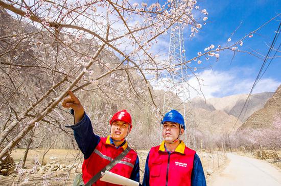 张辉与同事对塔尔塔吉克民族乡的供电线路进行巡视。周广科 摄