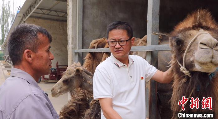 蔡林（右一）向村民了解骆驼养殖情况。　赵飞　摄