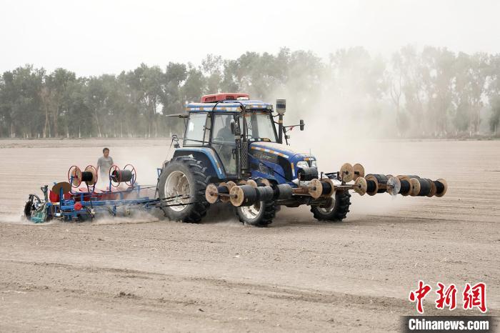 大马力机车牵引着精量播种机，在适合墒情的农田里进行大豆复播工作。　林国强　摄