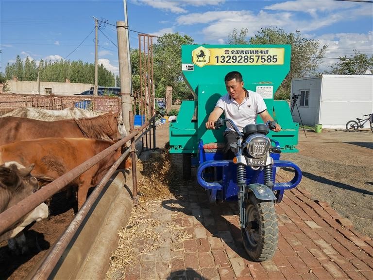 　　7月11日下午，在张利杰家的养殖小区，他正开着电动撒料车给棚圈里的肉牛添加饲料。 　　 马晓芳 摄