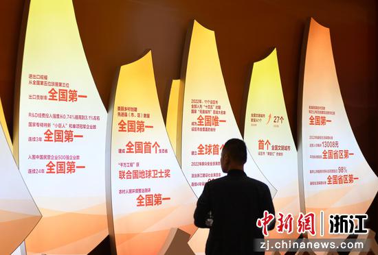 展出的浙江省社会经济等领域的发展指标吸引参观者。中新社记者 王刚 摄