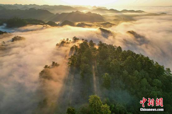 日前，贵州施秉云台山雨后放晴，云雾在群山峻岭间升腾、流淌，美不胜收（无人机照片）。