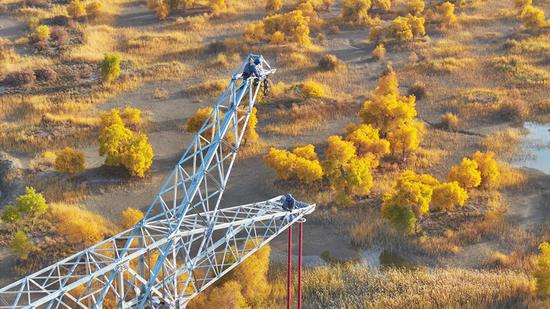 10月25日，巴州—铁干里克—若羌750千伏输电线路工程加速建设，图为作业人员正在铁塔上紧固螺栓。努尔别克 摄