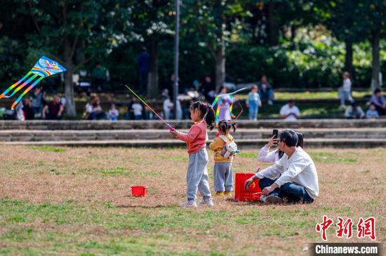 11月5日，市民在贵阳市白云区泉湖公园游玩放风筝。唐哲 摄