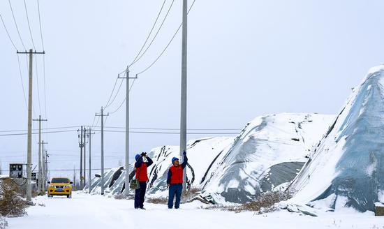 12月14日，巴州和硕县出现小到中雪，国网巴州供电公司员工前往新疆新投绿环种植有限责任公司蔬菜大棚种植基地，对该公司现代化智慧农业大棚用电设备进行巡视检查，保障寒潮天气下蔬菜大棚供暖用电。史俊毫 摄