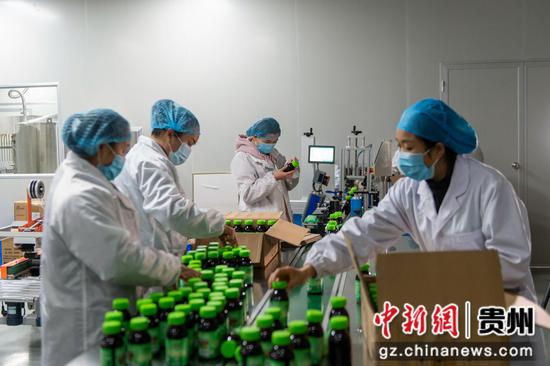 2024年1月4日，位于贵州省从江县美娥工业园区的从江福临瑶浴开发有限公司生产车间，工人正在对瑶浴浓缩液进行包装。
