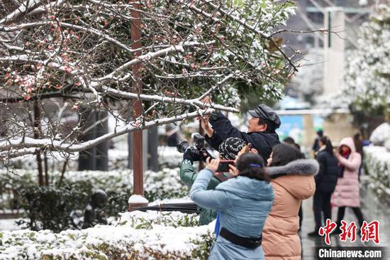市民在贵阳市甲秀楼景区拍摄雪景。中新网记者 瞿宏伦 摄