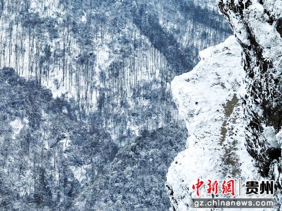 2月26日，在贵州省道真自治县大沙河国家级自然保护区拍摄的雪景（无人机照片）。