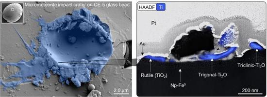 月壤微陨石撞击坑中的钛纳米矿物示意图(左图为假彩色图，蓝色区域为撞击溅射物)。(中国科学院地球化学研究所供图)