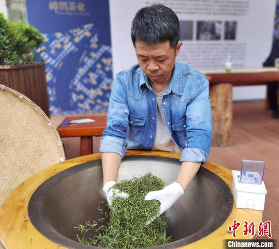 3月29日，制茶师在贵阳百花湖畔的神鹊茶场为游客展示手工制茶技艺。　周燕玲 摄