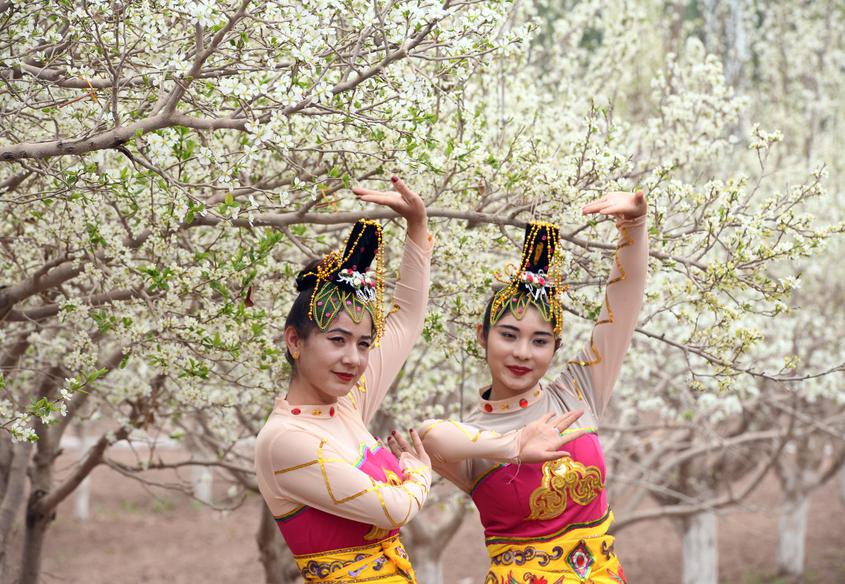 4月15日，新疆伽师县举行第四届新梅花开文学艺术采风活动。图为两名舞蹈演员在秀舞姿。