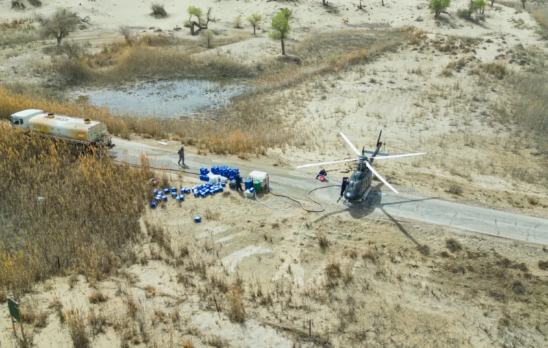 4月18日，直升机在塔里木河中下游尉犁段胡杨林区喷洒生物药剂防治春尺蠖病虫害。