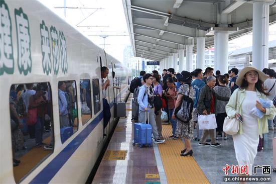 图为旅客在桂林北站站台有序乘降。郑长贤 摄