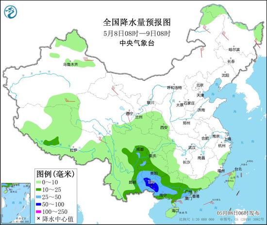 全国降水量预报图（5月8日08时-9日08时）