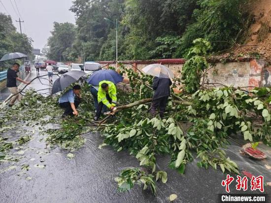 图为贵州镇远内涝现场,公安民警及时清理倒塌树木。贵州省公安厅供图 图为贵州镇远内涝现场,公安民警及时清理倒塌树木。贵州省公安厅供图