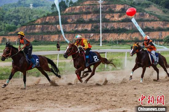 图为三名骑手在比赛中。中新社记者 瞿宏伦 摄 图为三名骑手在比赛中。中新社记者 瞿宏伦 摄