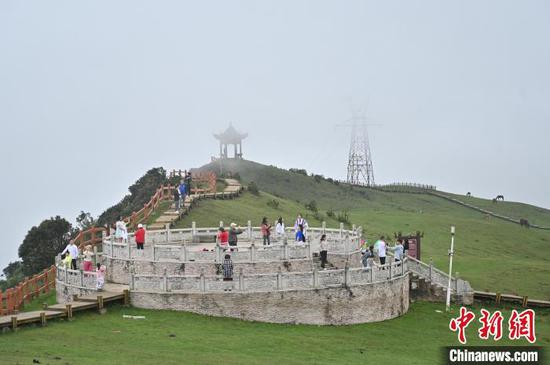 8月3日，贵州省六盘水市的乌蒙大草原景区吸引游客前来避暑游玩。乌蒙大草原景区是中国西南地区海拔最高、面积最大的高原草场之一，最高海拔为2857米，年平均气温为11.1℃，是夏日避暑的好去处。中新社记者 陈楚红 摄