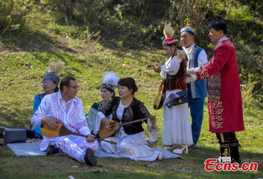 Artists perform Aken Songs at a park in Urumqi, northwest China's Xinjiang Uyghur Autonomous Region, Aug. 3, 2024. (Photo: China News Service/Liu Xin)