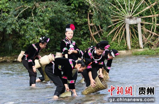苗族姑娘们欢快地倒鱼(张奎摄)