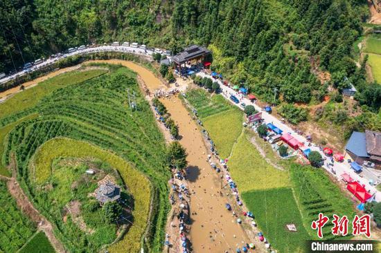 人们在闹鱼活动中戏水抓鱼(无人机照片)。吴德军 摄