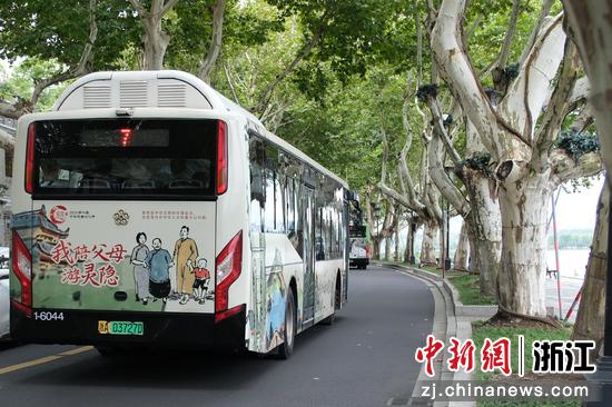 9月23日,慈孝主题车厢的杭州7路公交车在西湖边行驶。曹丹 摄