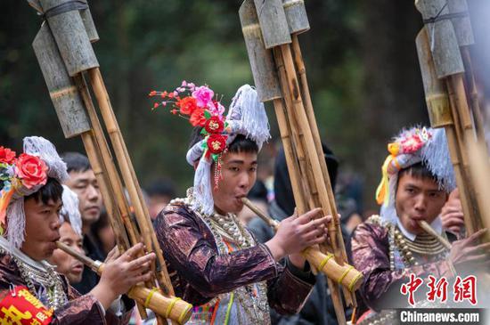 图为岜沙苗寨芦笙手在吹奏芦笙。吴德军 摄 图为岜沙苗寨芦笙手在吹奏芦笙。吴德军 摄