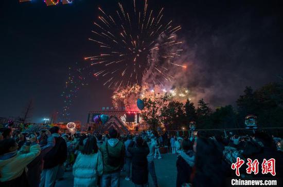 图为2024年12月31日晚，民众在贵州省贵阳市白云区白云公园内观看烟花秀迎接新年。中新社记者 唐哲 摄