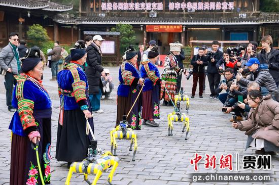 图为西江群众在体验智能机器狗