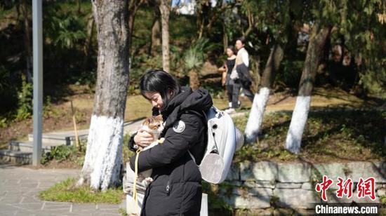 2月27日一位女生抱着猫在贵阳市花溪公园游玩。周燕玲 摄