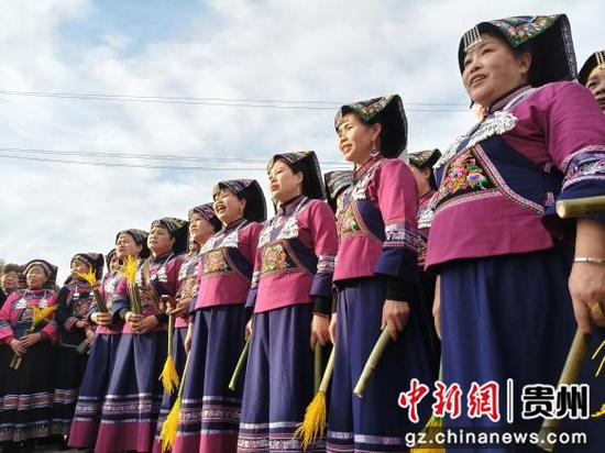 图为布依族迎宾队伍唱歌迎“姑妈们”进门。 向红摄
