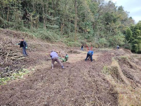 众人于坡地劳作，翻耕土地。（习水县仙源镇供图）