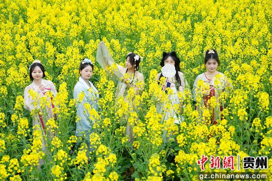 游客们穿着古装在花田里拍照打卡